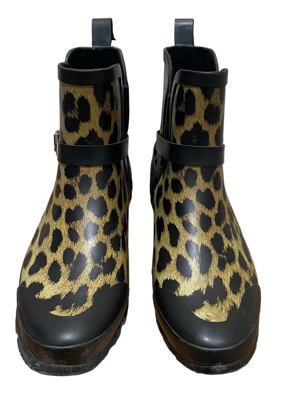 Talbots Leopard Print Rain Boots Black Gold Buckle Women’s Size 9 Ankle Chelsea